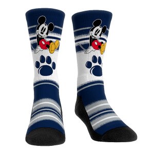 navy socks with white and gray stripes, Mickey Mouse, and paw print